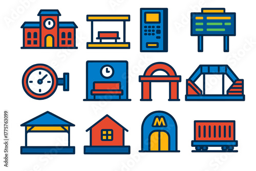 Railway Station Icons. Flat vector icons of railway stations: station building, platform with bench, ticket machine, departure