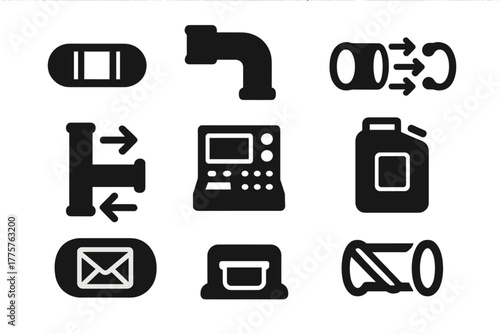Tube Transport Icons. Solid style icons of Tube Transport: Capsule, Pipe, Airflow, Arrows, Console, Canister, Message, Slot, No