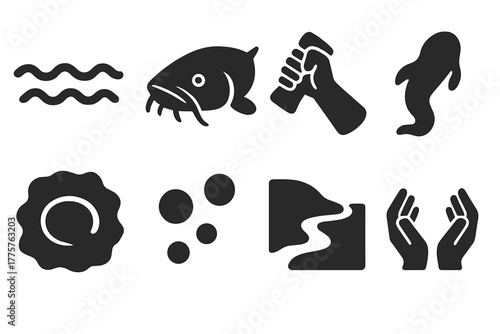 Muddy River Icons. Solid style icons of Muddy River Catch: Water Surface, Catfish Head, Gripping Arm, Slippery Body, Murky Hole,