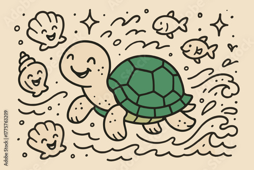 Cheerful Turtle Doodle. A doodle scene of a cheerful turtle with a smaragdine shell, surrounded by giggling seashells, playful