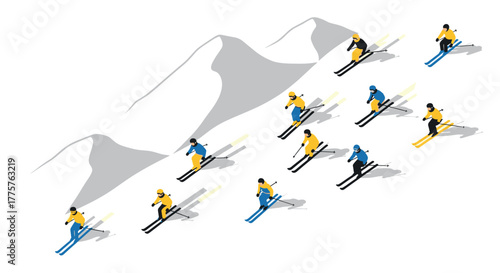 Isometric winter sports scene with skiers on snowy mountain slopes