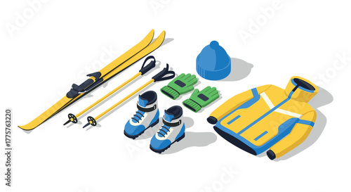 Winter ski equipment set in isometric style for outdoor adventure enthusiasts
