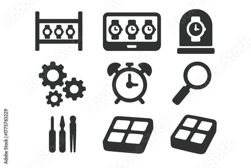 Horology Collector's Icons. Solid style icons of Collectors Horology Room: Wooden Shelf, Watch Box, Display Dome, Gears, Vintage