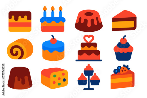 Vibrant Cake Icons. Flat vector icons of cakes: layered cake, birthday cake, bundt cake, cheesecake, sponge roll, frosted cake,