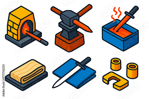 Swordmaking Essentials Icons. Isometric vector illustration set Swordmaking: Forge, Anvil, Quenching, Folded Steel, Polishing