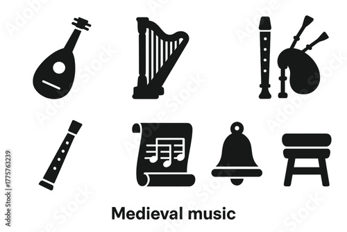 Medieval Music Icons. Solid style icons of Medieval Music: Lute, Harp, Drum, Recorder Flute, Sheet Music Scroll, Bell, Bagpipe,