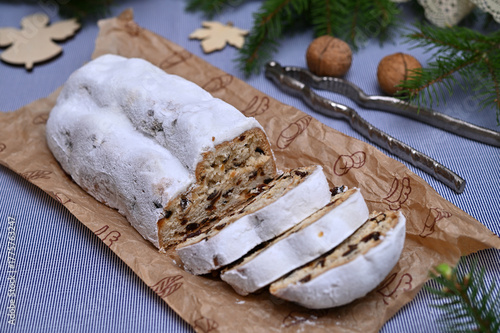 traditional German pastry Stollen for Christmas close-up
