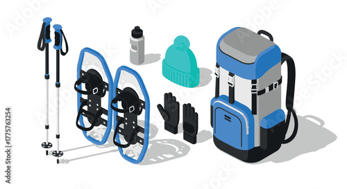 Isometric winter hiking gear backpack, snowshoes, poles, hat, gloves, bottle