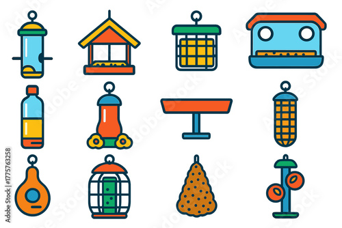 Modern Bird Feeder Icons. Flat vector icons of bird feeders: hanging tube feeder, platform feeder, suet cage, window feeder,