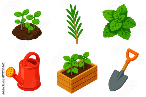 Herbal Farming Icons. Isometric vector illustration set Herbal Farming: basil sprouts, rosemary stem, mint herb, watering can,