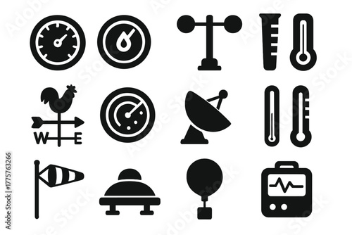 Weather Instrument Icons. Solid style icons of weather instruments: barometer, hygrometer, anemometer, rain gauge, weather vane,