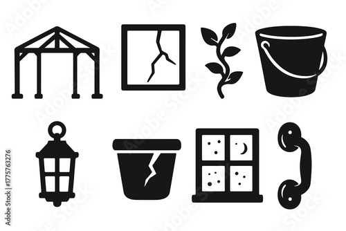 Old Iron Greenhouse Icons. Solid style icons of Old Iron Greenhouse: Metal Frame, Broken Pane, Creeping Plant, Empty Bucket,