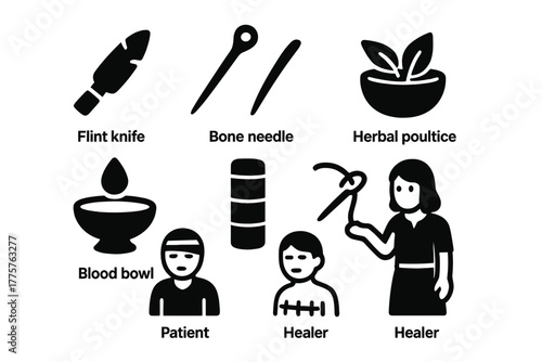 Ancient Surgery Icons. Solid style icons of Ancient Surgery: Flint Knife, Bone Needle, Herbal Poultice, Blood Bowl, Wooden Splint,