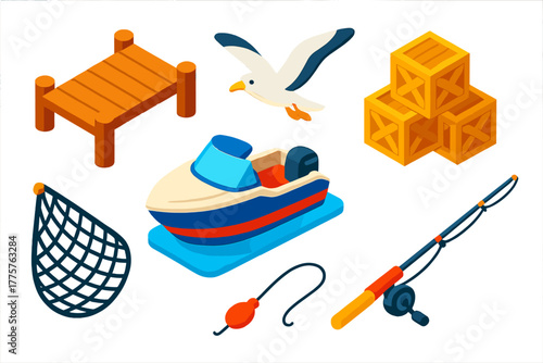 Colorful Coastal Harbor Icons. Isometric vector illustration set Coastal Harbor: dock walkway, motor boat, crate pile, seagull