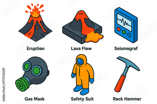 Volcanology Icon Set. Isometric vector illustration set Volcanology: Eruption, Lava Flow, Seismograph, Gas Mask, Safety Suit, Rock