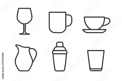 Drinkware Icons Collection. Line style icons of drinkware: wine glass, coffee mug, teacup, water jug, cocktail shaker, tumbler. No