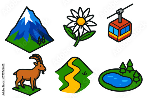 Alpine Adventure Icons. Isometric vector illustration set Alpine Travel: majestic peak, edelweiss flower, goat standing, cable car