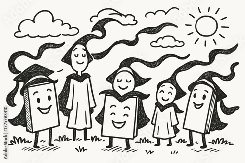 Joyful Academic Books. A doodle scene of a group of friendly books wearing academic hoods with happy liripipes flowing like