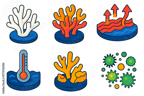 Coral Bleaching Icons. Isometric vector illustration set Coral Bleaching: White Coral, Stressed Polyps, Warming Waters,