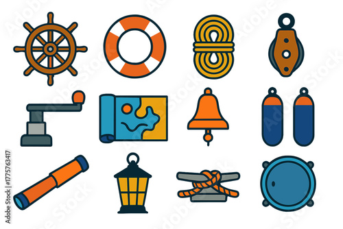 Sailing Equipment Icons. Flat vector icons of sailing equipment: ship wheel, lifebuoy, rope coil, pulley block, winch handle,