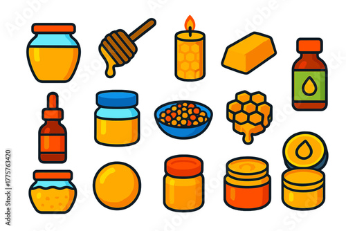 Honey Product Icons. Flat vector icons of honey products: glass honey jar, honey dipper stick, beeswax candle, beeswax bar,