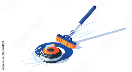 Curling sports equipment in dynamic isometric style with broom and stone on white background