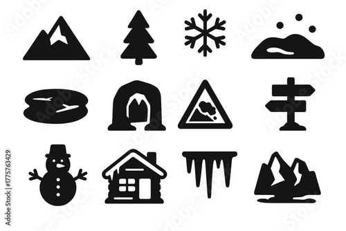 Winter Wonderland Icons. Solid style icons of snowy environment: mountain peak, pine tree, snowflake, snowdrift, frozen lake, ice