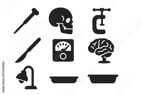 Obsolete Neuroscience Tools. Solid style icons of Obsolete Neuroscience Tools: Ice Pick, Skull, Clamp, Scalpel, Measuring Device,