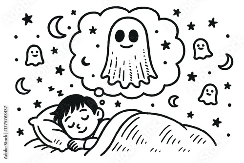 Dreaming of Spirits. A doodle scene of an eidolon appearing in a dream bubble above a sleeping child, with stars, moons, and tiny