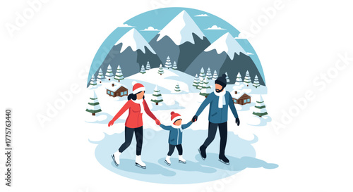 Family ice skating adventure in snowy mountain landscape with cozy winter cabins