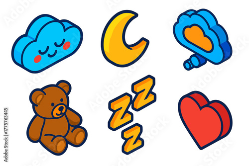 Sweet Sleep Icons. Isometric vector illustration set Sweet Sleep: gentle cloud, silver moon, little Zzz, dreamy thought bubble,