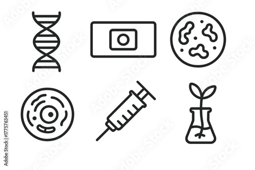 Biology Lab Icons. Line style icons of biology lab: DNA helix, microscope slide, bacteria colony, cell diagram, syringe, plant