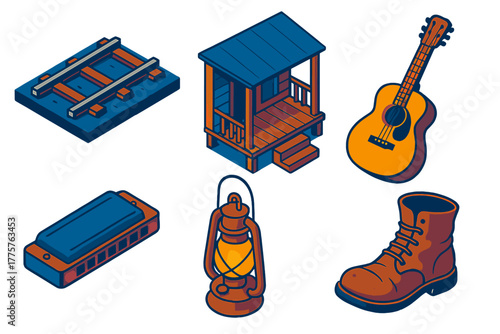 Delta Blues Icons. Isometric vector illustration set Delta Blues: Railroad Track, Porch, Acoustic Guitar, Harmonica, Lantern, Old