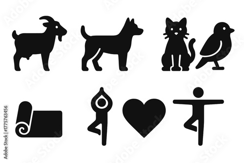 Fitness and Animals Icons. Solid style icons of Fitness and Animals: Goat, Dog, Cat, Bird, Mat, Pose, Heart, Balance, No text, No