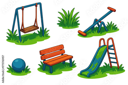 Forgotten Playground Icons. Isometric vector illustration set Forgotten Playground: Rusty Swing, Overgrown Grass, Fallen Seesaw,