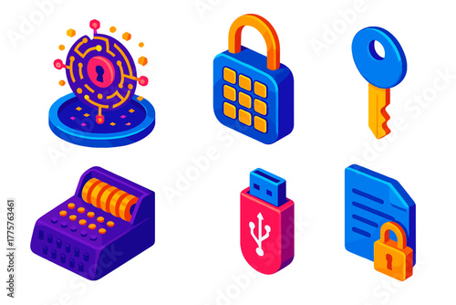 Digital Cryptography Icons. Isometric vector illustration set Digital Cryptography: futuristic cipher, smart lock, modern key,