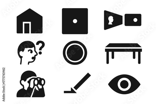 Visual Curiosity Icons. Solid style icons of Visual Curiosity: Dark Room, Pinhole, Projected Image, Wonder, Lens, Table, Viewer,
