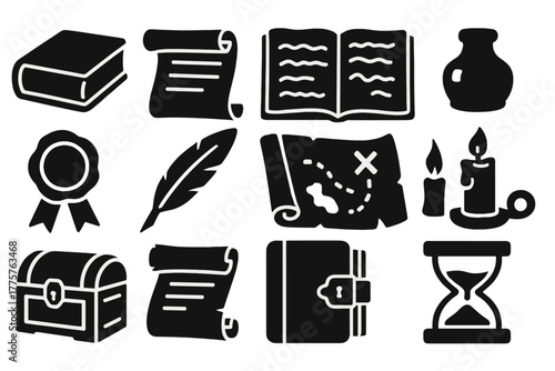 Antique Book Icons. Solid style icons of antique books: leather-bound book, scroll, manuscript, ink bottle, wax seal, quill,
