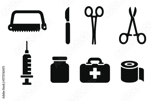Vintage Surgery Tools. Solid style icons of Old Surgery Tools: Bone Saw, Scalpel, Clamp, Forceps, Syringe, Jar, Medical Bag,