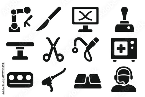 Robotic Surgery Icons. Solid style icons of robotic surgery: robotic arm, scalpel tool, console screen, joystick, operating table,