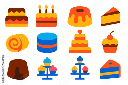 Vibrant Cake Icons. Flat vector icons of cakes: layered cake, birthday cake, bundt cake, cheesecake, sponge roll, frosted cake,