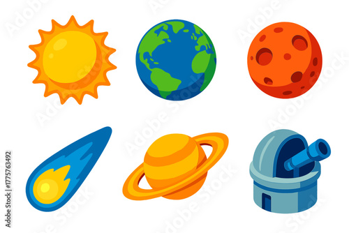 Vivid Astronomy Icons. Isometric vector illustration set Astronomy Icons: hot sun, rotating earth, cratered mars, saturn with wide