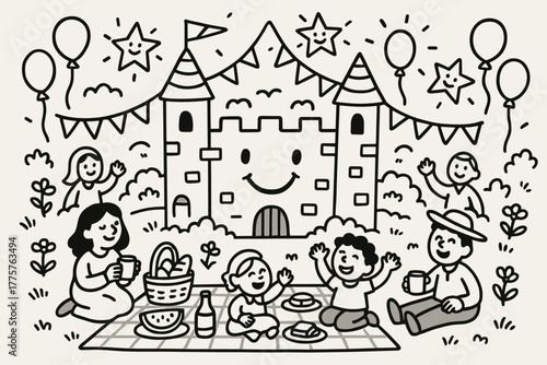 Castle Picnic Celebration. A doodle scene of a smiling castle allowing villagers to picnic in its yard, with banners, balloons,