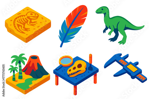 Vibrant Paleoart Icons. Isometric vector illustration set Paleoart: Fossil Reference, Feather, Dinosaur Reconstruction, Ancient