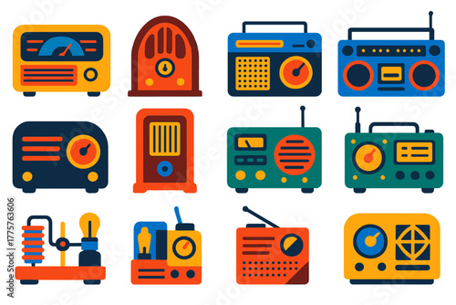 Vintage Radio Icons. Flat vector icons of vintage radios: wooden tabletop radio, cathedral-style radio, portable transistor radio,