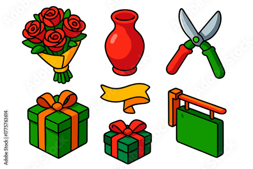 Vivid Floral Icons. Isometric vector illustration set Flower Shop: bridal bouquet, ceramic vase, decorative ribbon, sharp shears,
