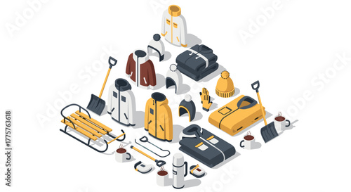 Winter sports gear with jackets and equipment in isometric style