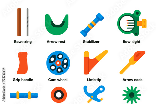 Archery Equipment Icons. Flat vector icons of bow details: bowstring close-up, arrow rest, stabilizer rod, bow sight, grip handle,