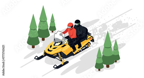 Isometric snowmobile adventure with riders amidst pine trees in winter landscape