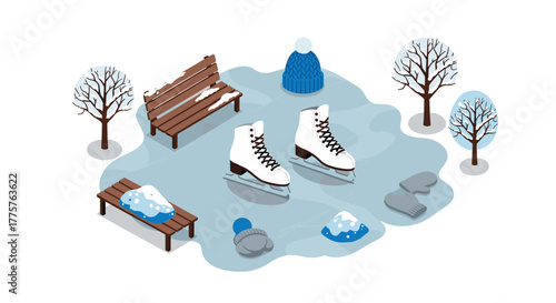 Winter ice skating scene with trees, bench, and accessories in isometric style